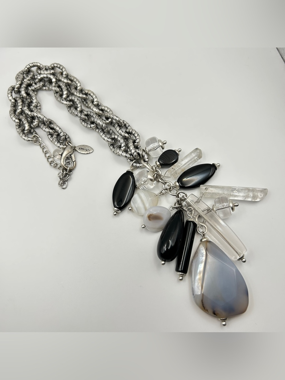 Chico's Silver Tone Chunky Black Charms Clear Crystal Statement Necklace
